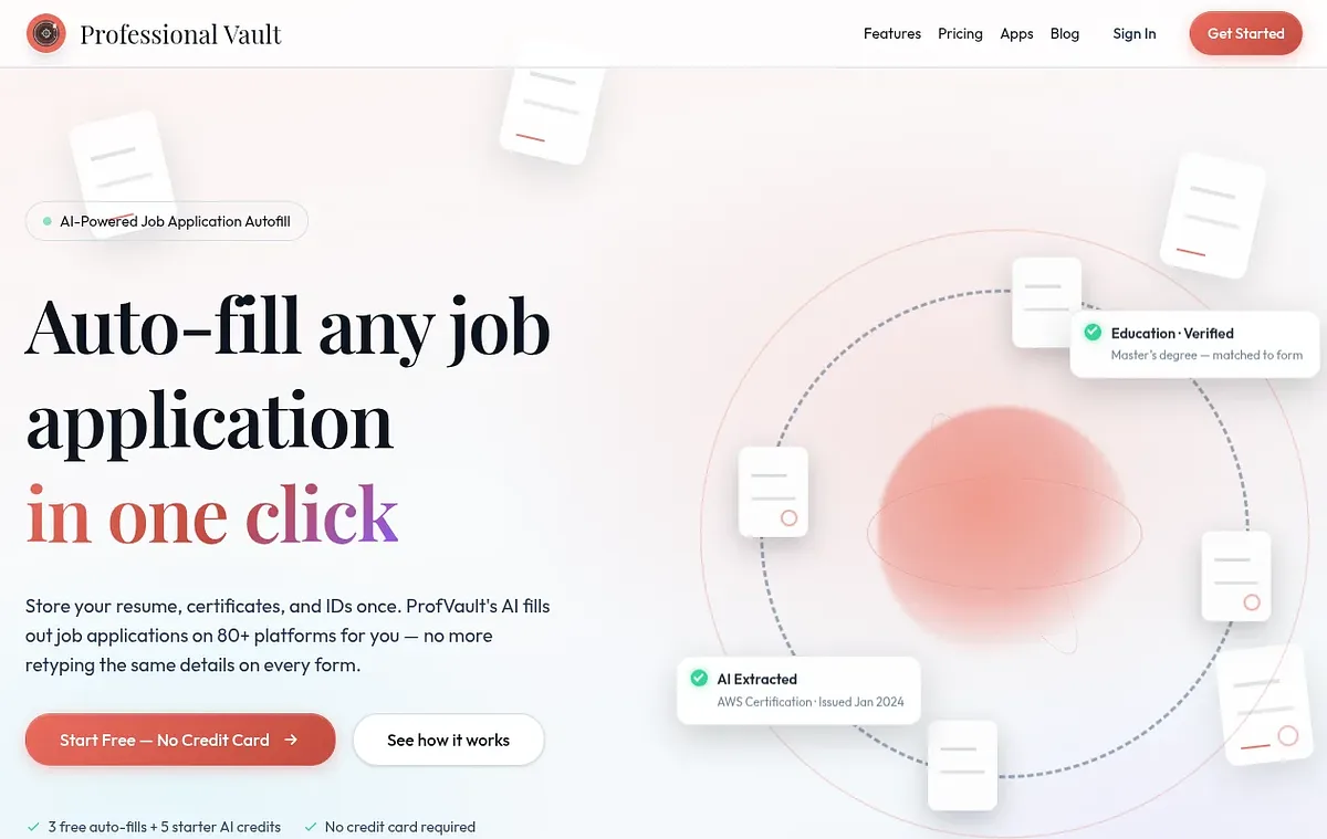 The ProfVault home page: Auto-fill any job application in one click.