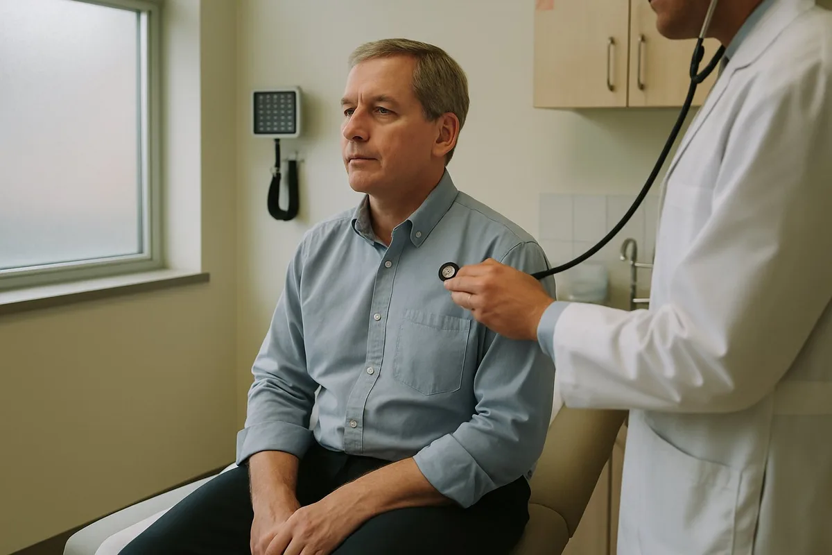 A doctor listening to a patient's chest during a yearly check-up