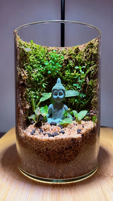 Closed terrarium with a Buddha in a moss hollow, condensation on the glass