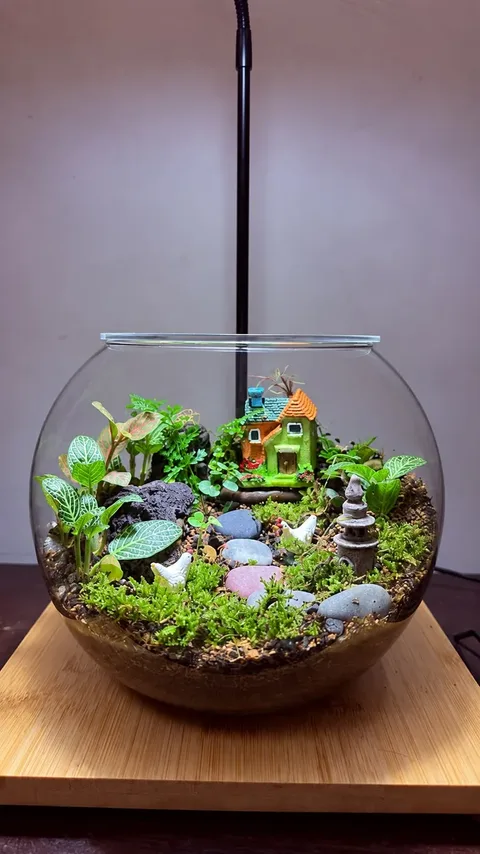 Fishbowl terrarium with a tiny cottage, hens, river stones, a lantern and fittonia